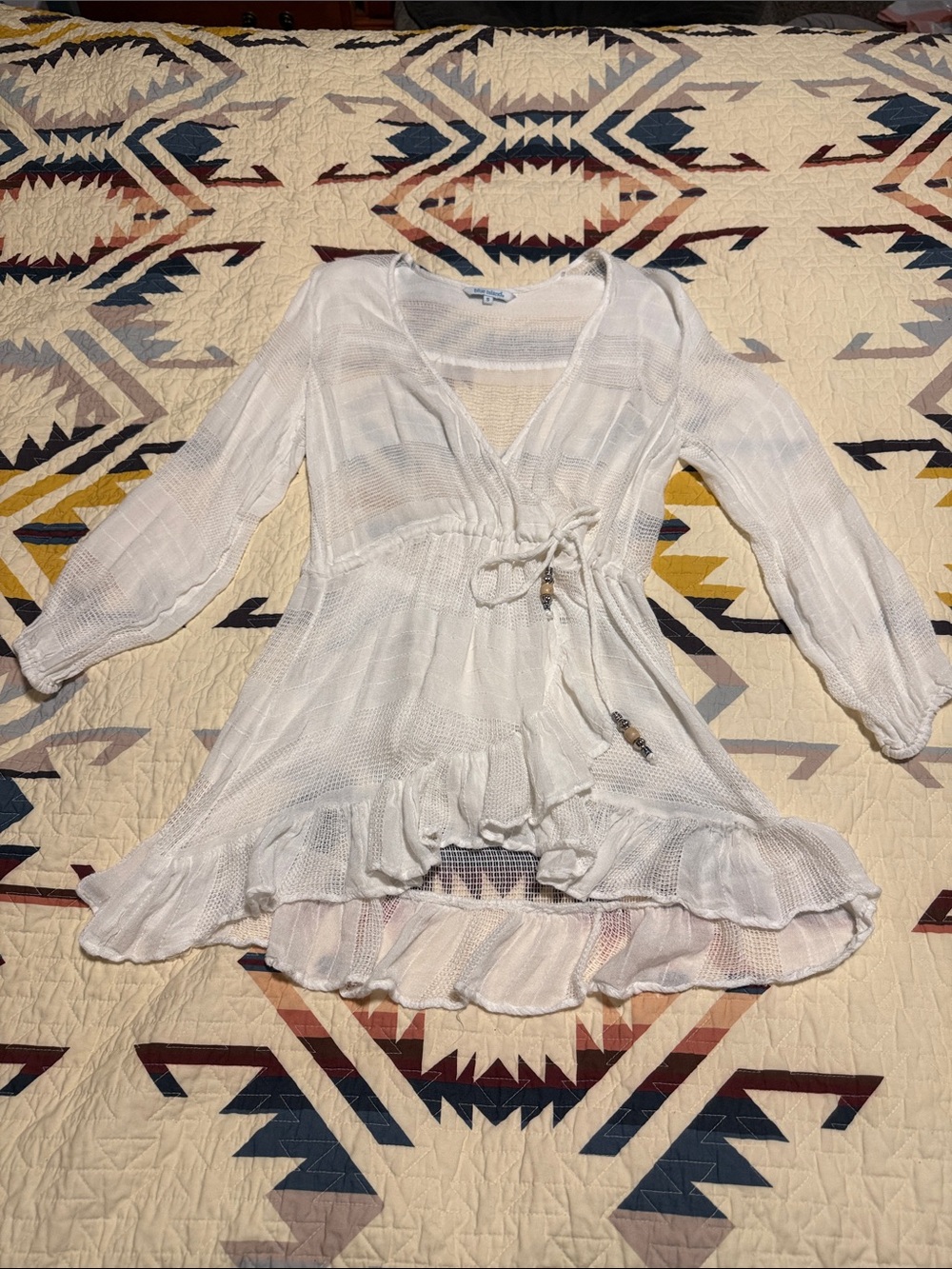 blue island White Lightweight Knit Tunic with Ruffle Hem